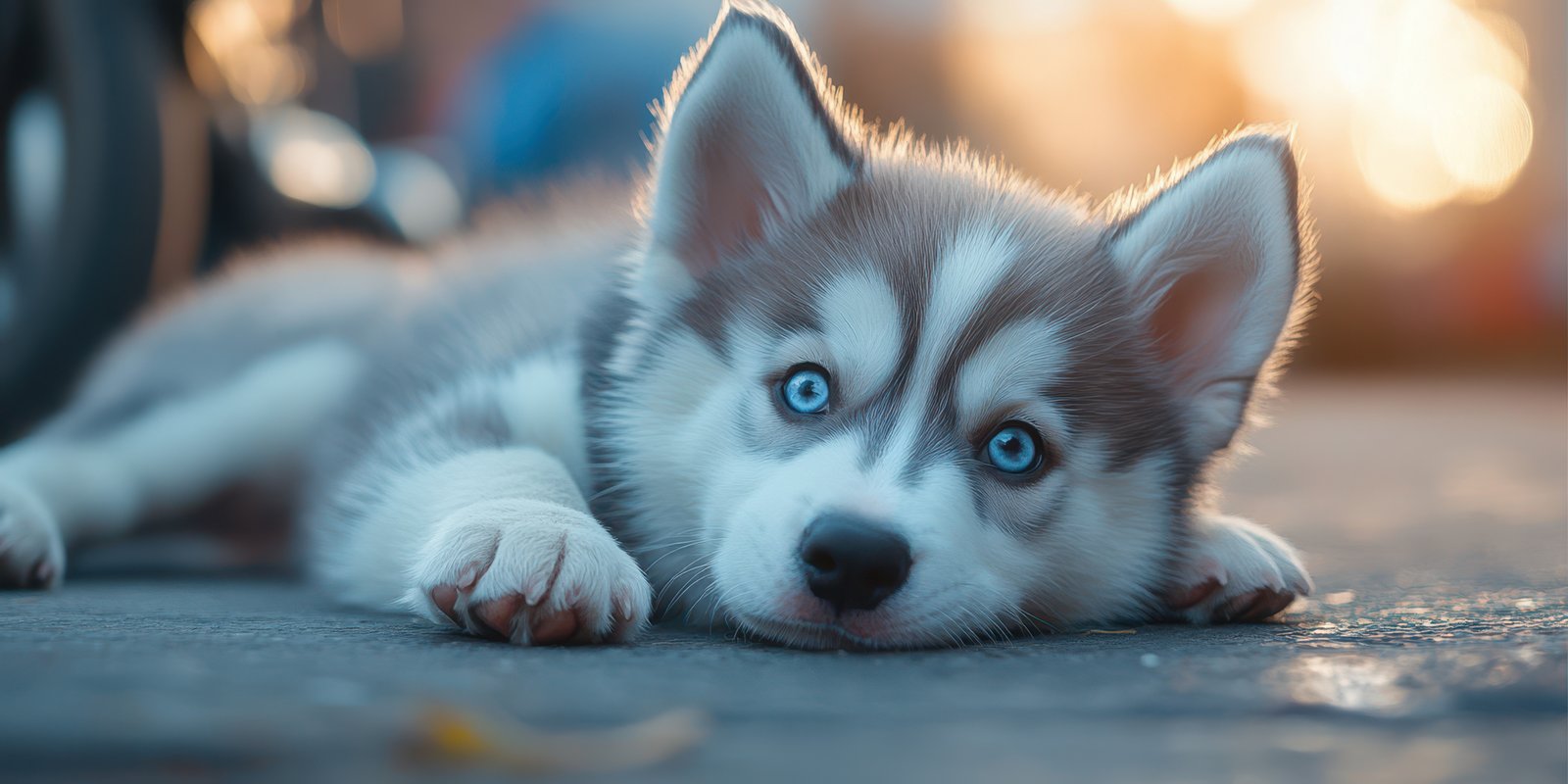 Cute husky puppy resting on the ground with beautiful blue eyes and fluffy fur in a warm outdoor setting